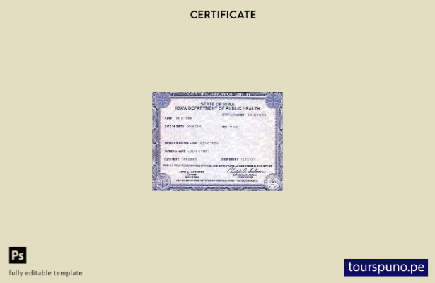 Plantilla de certificado de nacimiento del estado de Iowa de EE. UU. lista para 